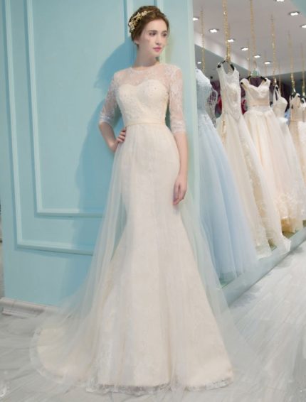 Lace Half Sleeve Illusion Sweetheart Beading Keyhole Bridal Gown with Train Mermaid Wedding Dresses