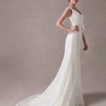 Lace V Neck Flower Sash Ivory Bridal Dress with Train Exclusive Mermaid Wedding Dresses