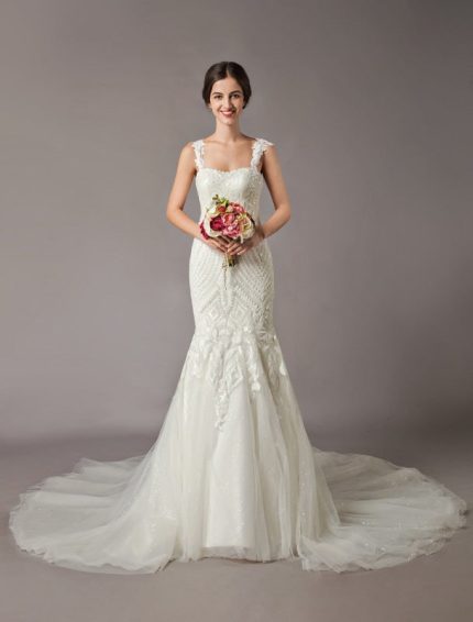 Luxury Straps Sequin Lace Tulle Chapel Train Bridal Gowns Mermaid Wedding Dresses
