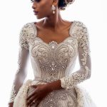 Wedding Dresses with Trendy Overskirt Beads Lace Appliques and Long Sleeves Bridal Gowns