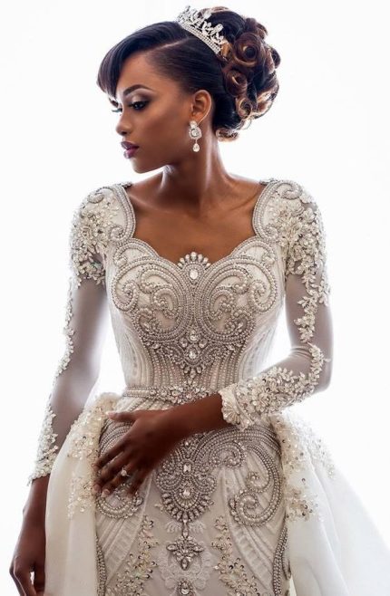 Wedding Dresses with Trendy Overskirt Beads Lace Appliques and Long Sleeves Bridal Gowns