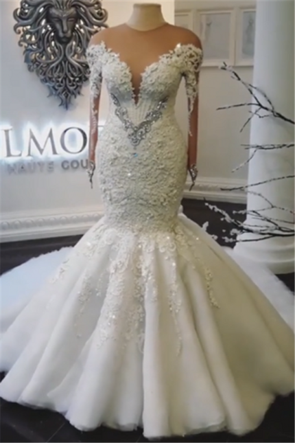 Modern Crystals Long Sleeves Wedding Dresses Off the Shoulder Mermaid Bridal Gowns