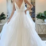 Modern Deep V neck Sleeveless White Tulle Wedding Dresses with Ruffles