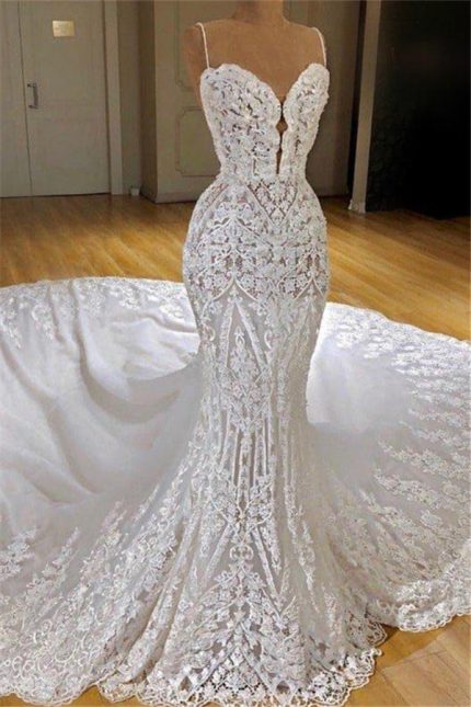 Modern Lace Mermaid Wedding Dresses with Spaghetti Straps and Appliques Bridal Gowns