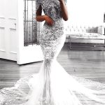 Modern Mermaid Long Sleeves Lace Wedding Dress Modern Flowers See Through Tulle Bride Dress