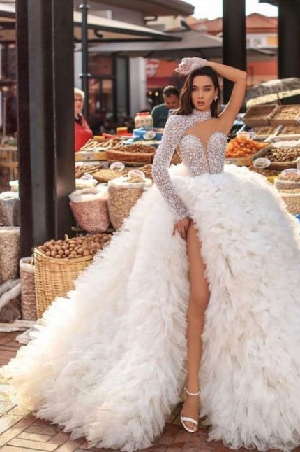 Glamorous Feather Splitfront Wedding Party Gown Modern One-Shoulder with Sequins