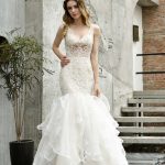 Ivory Wedding Dress with Ruffled Train Modern Sleeveless Lace Mermaid