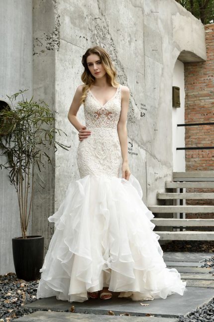 Ivory Wedding Dress with Ruffled Train Modern Sleeveless Lace Mermaid