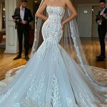 Modern Strapless Mermaid Bridal Gowns with Puffy Appliques