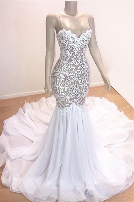 Ruffled Bridal Gown Modern Straps Mermaid Wedding Dresses with Appliques