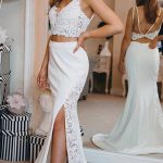 Two-Piece Beach Wedding Dress with Spaghetti V-Neck Lace Modern