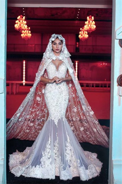 Modern V-Neck Wedding Dress with Long Train Lace and See-Through Details