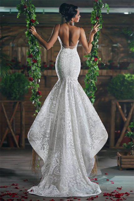 Charming Lace Open Back Tulle Straps Bridal Gowns Modern V-Neck Mermaid Wedding Dresses