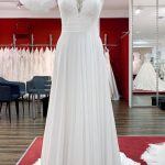 Modest Jewel Appliques Open Back Wedding Dress Long A-Line Chiffon Style