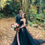 Modest Long A-Line Black Wedding Dress with Strapless Tulle and Appliques Lace