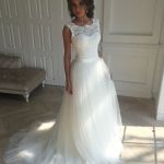 Modest Tulle Backless Lace A-Line Wedding Dress