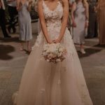 Modest V-Neck Tulle Backless Wedding Dress with Lace Appliques