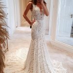 Modest Open Back Lace Mermaid Wedding Dress Long V-Neck