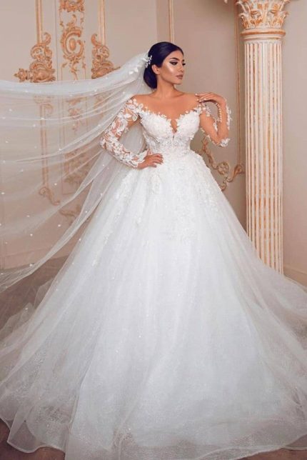 Modest Tulle Lace Princess Wedding Dress with Sleeves Long