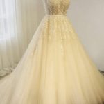 Chapel Train A-Line Sleeveless Champagne Tulle Wedding Dress V-Neck Design