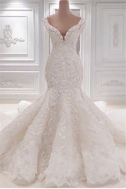 Tulle Bridal Gown Romantic White Mermaid Cap Sleeve Wedding Dress
