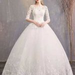Affordable Soft Tulle Lace Up Floor Length Bride Dress in Eric White Jewel Neck Half-Sleeve Style