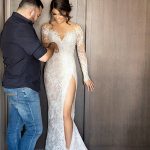 Exquisite Full Lace Split Wedding Dress with Illusion Back and Detachable Satin Skirt