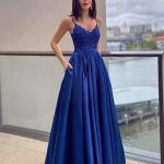 Royal Blue A-Line Long Bridal Gown with Train Natural Waist and Satin Fabric Zipper Closure