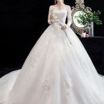 Classic Ball Gown Cathedral Train Jewel Neck Bridal Dress with Natural Waist and Applique Details