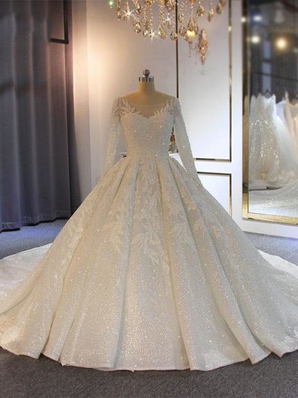 Timeless Ball Gown Wedding Dress with Long Sleeves Lace-Up Back and O-Neckline