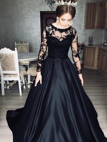 Satin Lace Illusion Bateau Long Sleeves Sweep Black A-Line Wedding Dress