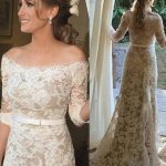 Champagne Lace Column Wedding Dress with Off Shoulder Neckline and Waistband Detail