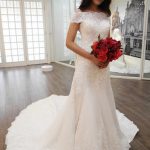 Exquisite Column Bridal Wedding Dress with Sequin Embellishments and Off Shoulder Chapel Lace