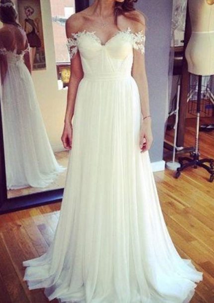 Graceful A-line Long Bridal Gown Wedding Dress with Off Shoulder Chiffon Pleats
