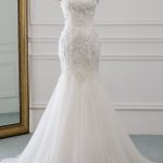 Exquisite Mermaid Wedding Dress with Off Shoulder Neckline and Applique Details featuring Lace-up Back
