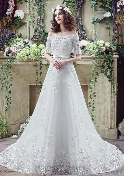 White Lace Long Prom Dresses with Train ideal for Formal Evening Occasions
