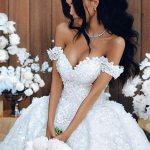 Side Split Tulle Bridal Gowns with Appliques in Off The Shoulder Design perfect for A-line Silhouette