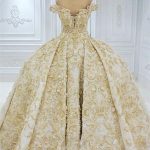 Backless Wedding Dress in Golden Lace Appliques with Off The Shoulder Neckline