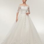 Half Sleeves Lace Ball Gown Wedding Dresses with Off-the-Shoulder Neckline