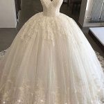 Formal Ball Gown Wedding Dress in Golden Lace Appliques with Off The Shoulder Style