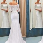 Lace Mermaid Wedding Dresses with Off-the-Shoulder Long Sleeves and Sweep Train
