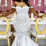 Lace Mermaid Wedding Dress with Long Sleeves and Sweep Train in Off The Shoulder Style