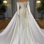 Mermaid Wedding Dress with Off-the-Shoulder Long Sleeves and Pearls featuring Detachable Train