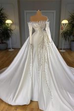 Mermaid Wedding Dress with Off-the-Shoulder Long Sleeves and Pearls featuring Detachable Train