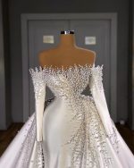 Mermaid Wedding Dress with Off-the-Shoulder Long Sleeves and Pearls featuring Detachable Train - Image 2