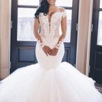 Lace Mermaid Wedding Dress with Long Tulle Train and Off The Shoulder Neckline