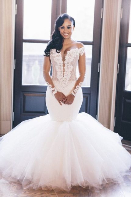 Lace Mermaid Wedding Dress with Long Tulle Train and Off The Shoulder Neckline