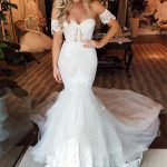 Puffy Ruffled Sheath Tulle Wedding Dresses with Off The Shoulder Style adorned with Modern Lace