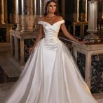 Satin Wedding Dress with Detachable Sweep Train and Off-the-Shoulder Neckline