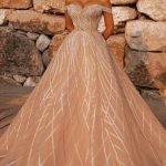 Sequined Satin Wedding Party Gown available in Sleeveless or Long Sleeve Styles with Off The Shoulder Neckline